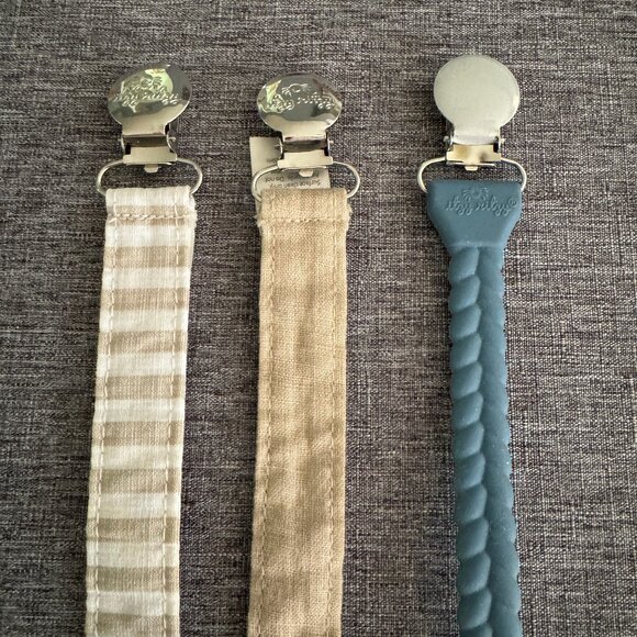 ITZY RITZY 3 pacificer straps - 2 cloth, 1 silicone approx. 9.5” ea plus teether - Picture 2 of 4